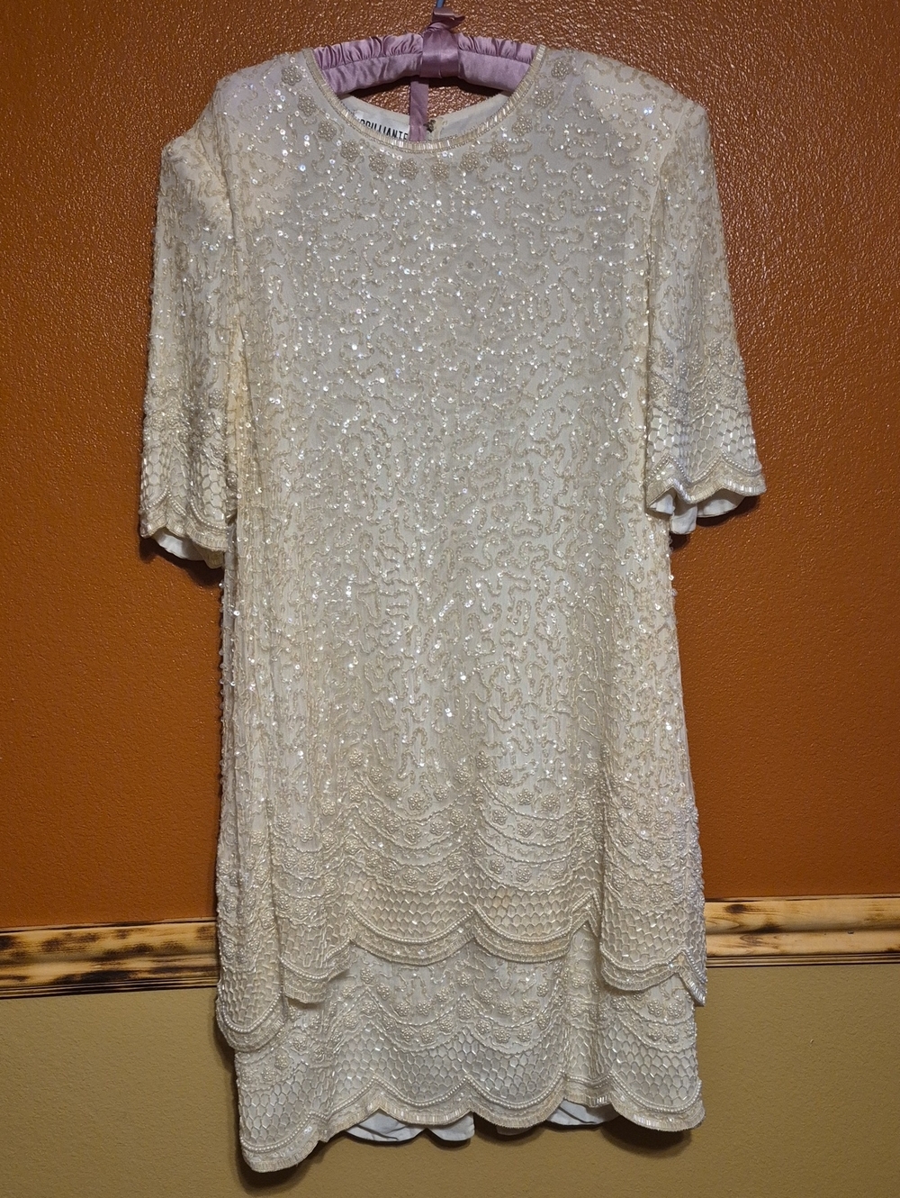 Cream Beaded Short-Sleeve Tunic Dress